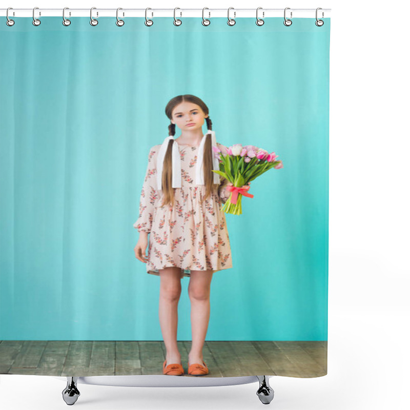 Personality  Fashionable Beautiful Girl With Braids In Summer Dress Holding Tulips, On Turquoise Shower Curtains