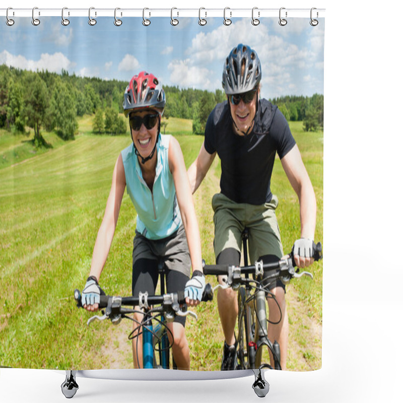 Personality  Sport Mountain Biking - Man Pushing Young Girl Shower Curtains