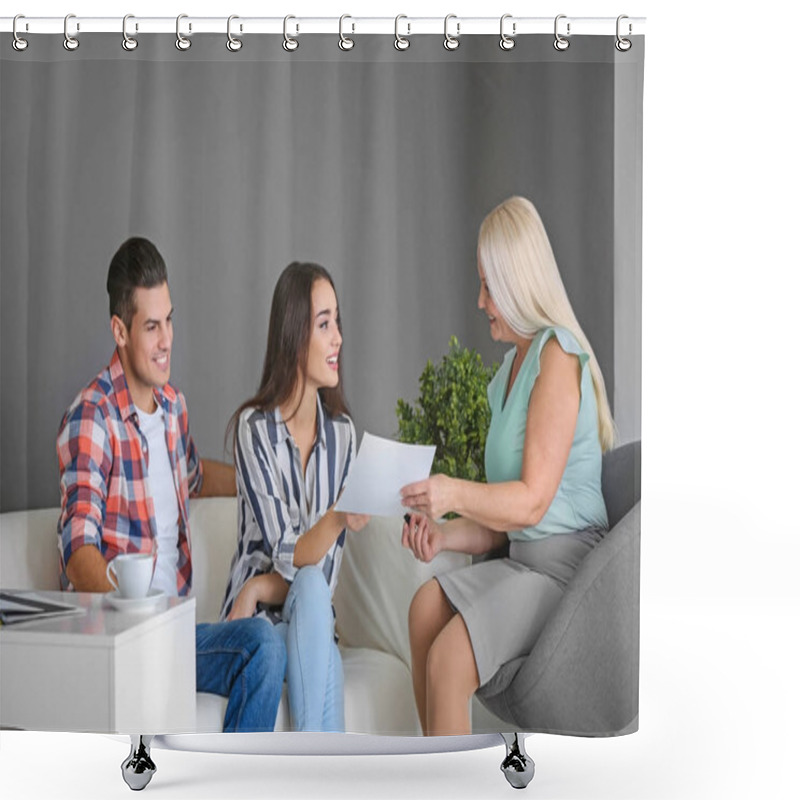 Personality  Young Couple Meeting With Consultant In Office Shower Curtains