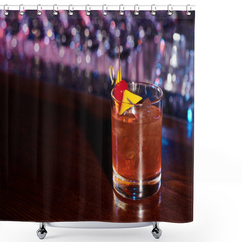 Personality  Elegant Thirst Quenching Negroni Decorated With Cocktail Cherry On Bar Counter, Concept Shower Curtains