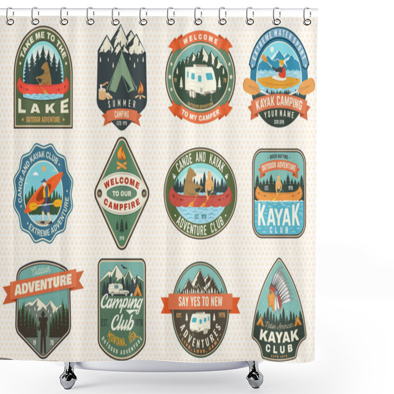 Personality  Set Of Summer Camping Badges, Patches. Vector Concept For Shirt Or Logo, Print, Stamp, Patch Or Tee. Design With Tent, Mountain, Camping Trailer, Campfire, Bear, Canoe , Kayak And Forest Silhouette Shower Curtains