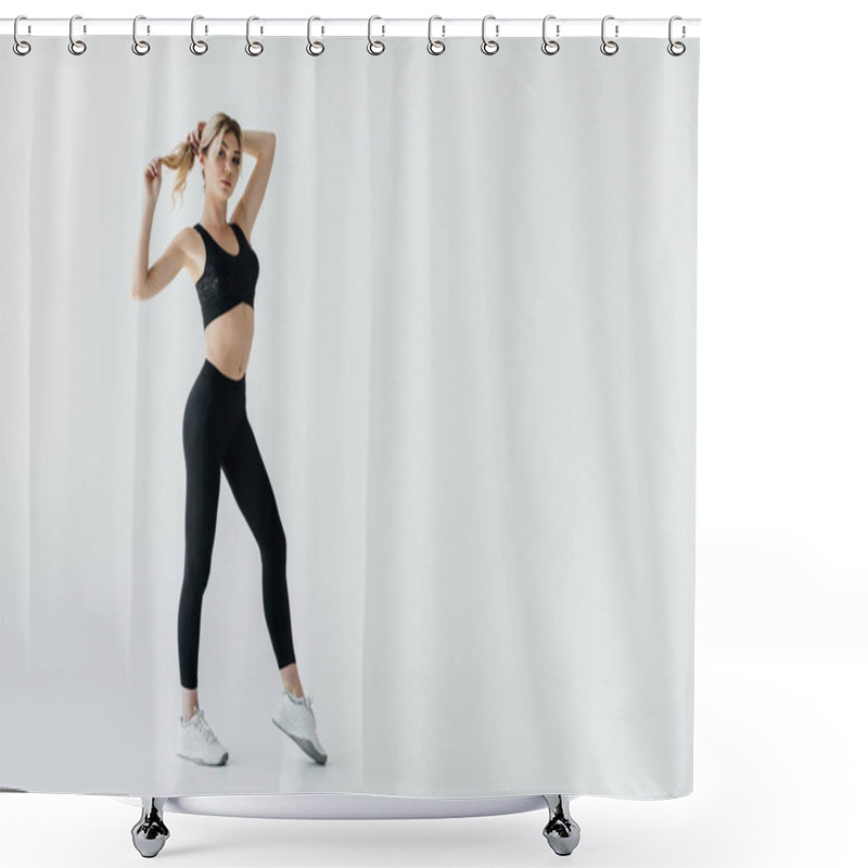 Personality  Beautiful Sportswoman In Black Sportswear Standing Isolated On Grey Shower Curtains