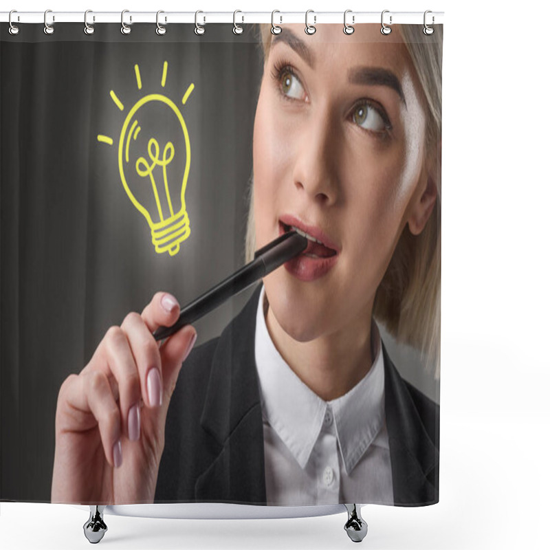 Personality  Portrait Of Beautiful Young Businesswoman With Pen And Light Bulb Symbol, Isolated On Grey Shower Curtains