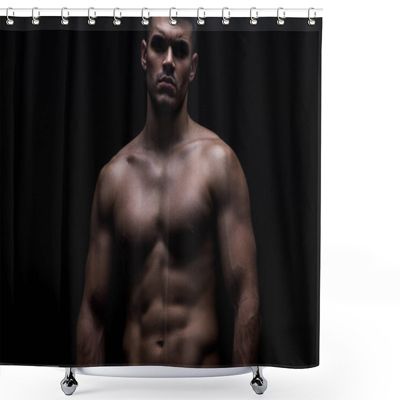 Personality  Sexy Muscular Bodybuilder With Bare Torso Isolated On Black Shower Curtains