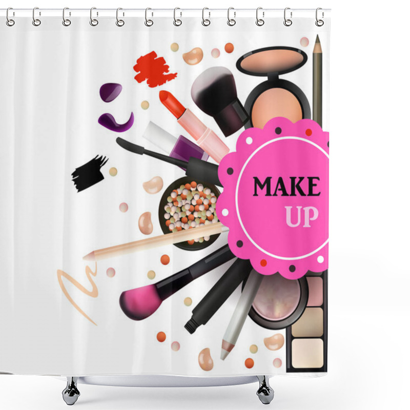 Personality  Make Up Artist Objects. Lipstick, Eye Shadows, Eyeliner, Concealer, Nail Polish, Brushes,pencils, Palettes, Powder. Vector Emblem. Realistic Vector Design. Shower Curtains