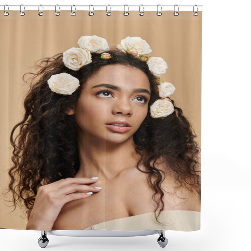 Personality  A Young Woman With Natural Makeup And A Flower Crown, Gazing Upwards. Shower Curtains