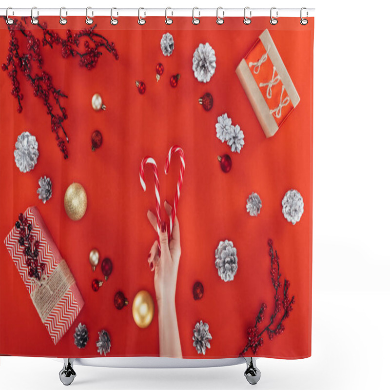 Personality  Hand With Candy Canes At Christmastime Shower Curtains