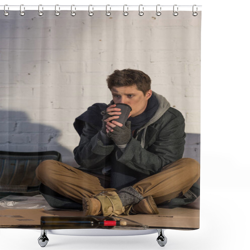 Personality  Sad Homeless Man Drinking From Paper Cup While Sitting On Cardboard By Brick Wall Shower Curtains