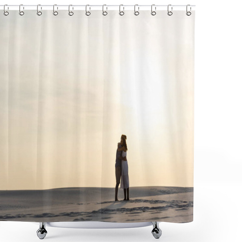 Personality  Side View Of Young Couple Hugging On Sandy Beach At Sunset Shower Curtains