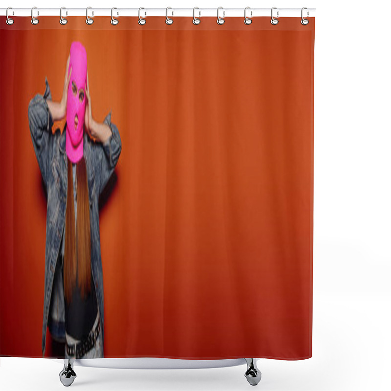 Personality  Young Man Displays A Range Of Emotions While Wearing A Pink Mask In A Vibrant Orange Setting. Shower Curtains