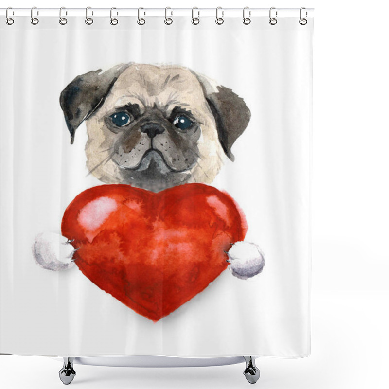 Personality  Watercolor Cute Lover Valentine Havanese Puppy Dog Is Holding A Red Heart, Isolated On White Background. Happy Valentin'es Day.Illustration For Greeting Card, Poster, Banner Shower Curtains