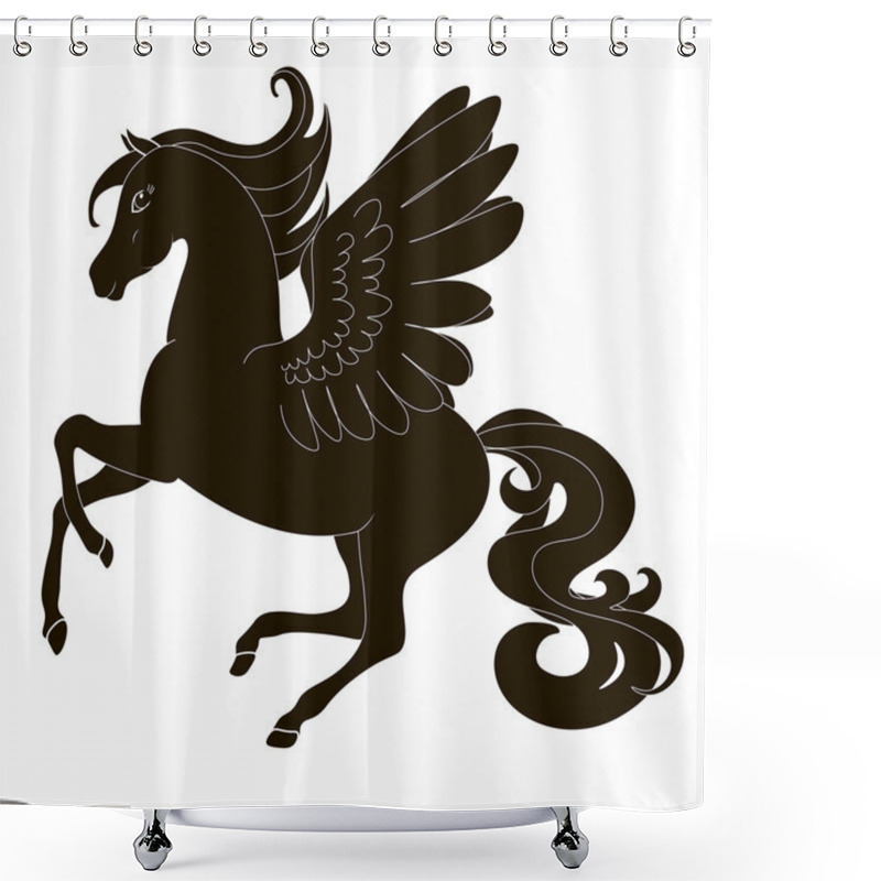 Personality  Pegasus, Horse With Wings In Motion A Fine Silhouette - Black Over White, Vector Icon Illustration Shower Curtains