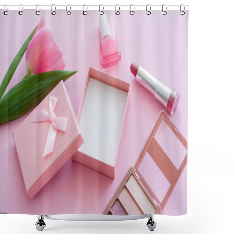 Personality  Blooming Tulip Near Decorative Cosmetics And Gift Box On Pink Shower Curtains