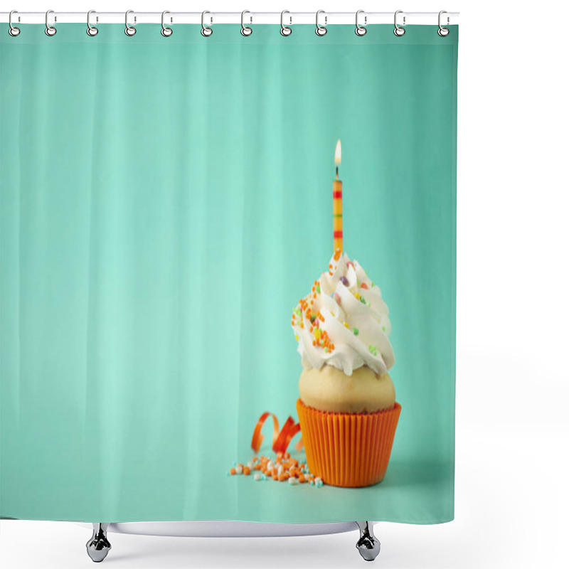 Personality  Delicious Birthday Cupcake With Candle On Light Green Background Shower Curtains