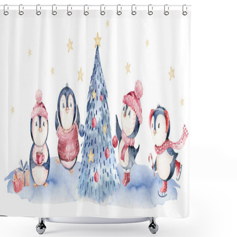 Personality  Watercolor Merry Christmas Character Penguin Illustration. Winter Cartoon Isolated Cute Funny Animal Design Card. Snow Holiday Xmas Penguins. Shower Curtains