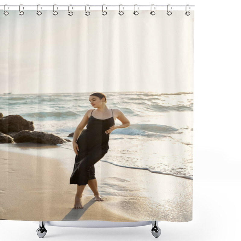 Personality  A Young Woman In A Black Sundress Strolls Along The Sandy Shore Of Miami Beach, Enjoying The Warm Evening Sun And The Gentle Sea Breeze. Shower Curtains