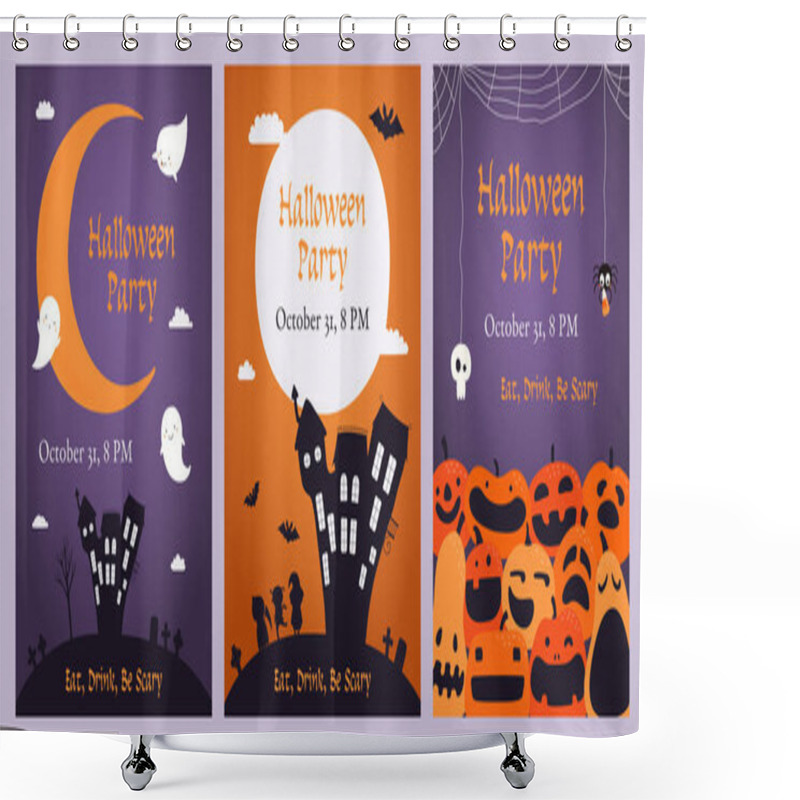 Personality  Set Of Halloween Party Invitations With Pumpkins And Moon With Kids In Costumes . Hand Drawn Vector Illustration. Design Concept For Banner Shower Curtains