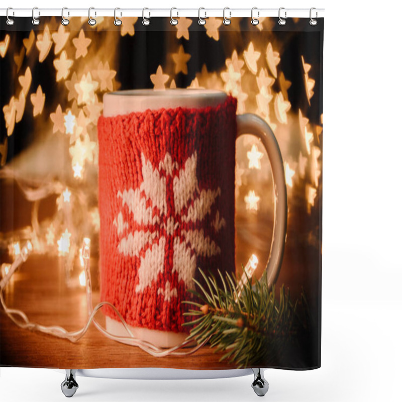 Personality  Close Up View Of Cup Of Hot Drink, Garland And Pine Tree Branch On Wooden Tabletop With Stars Bokeh Lights Background Shower Curtains