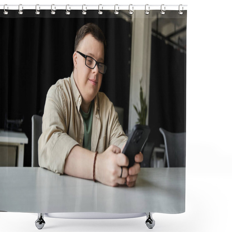 Personality  A Young Man With Down Syndrome Smiles While Using His Phone. Shower Curtains