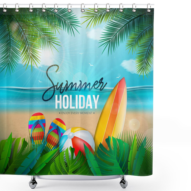 Personality  Vector Summer Holiday Illustration With Beach Ball, Palm Leaves, Surf Board And Typography Letter On Blue Ocean Landscape Background. Summer Vacation Design For Banner, Flyer, Invitation, Brochure Shower Curtains