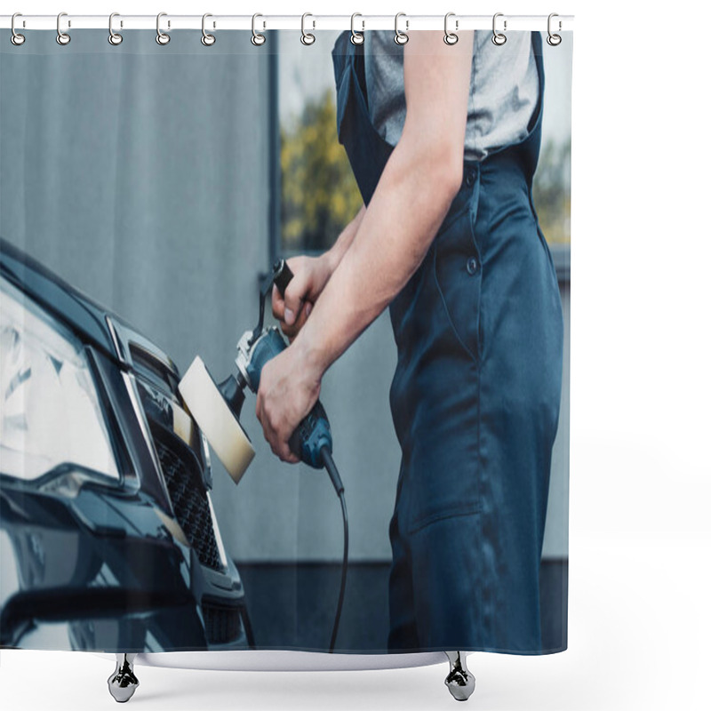 Personality  Cropped View Of Car Cleaner Polishing Car With Polish Machine Shower Curtains