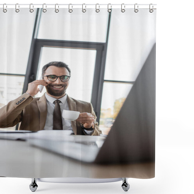 Personality  Charismatic Businessman With Beard And Brunette Hair, Wearing Beige Blazer And Tie, Talking On Smartphone And Holding Coffee Cup In Front Of Laptop On Blurred Foreground In Office Shower Curtains