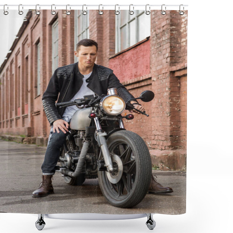 Personality  Brutal Man Sit On Cafe Racer Custom Motorbike. Shower Curtains