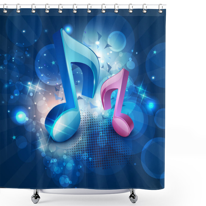 Personality  3D Musical Notes On Shiny Blue Background. EPS 10. Shower Curtains