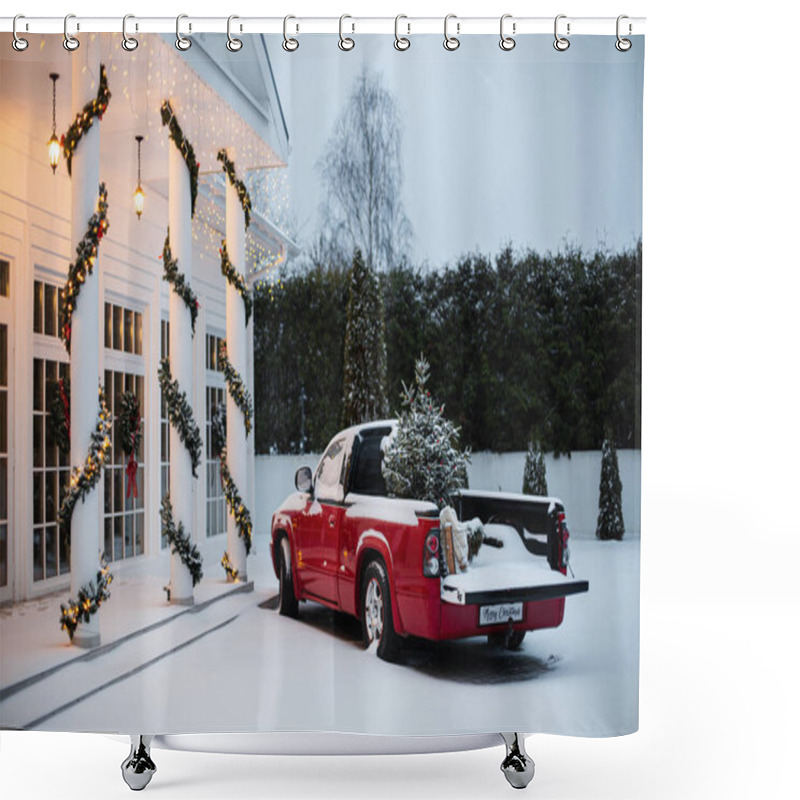 Personality  House Decorated For Christmas With Red Car Shower Curtains