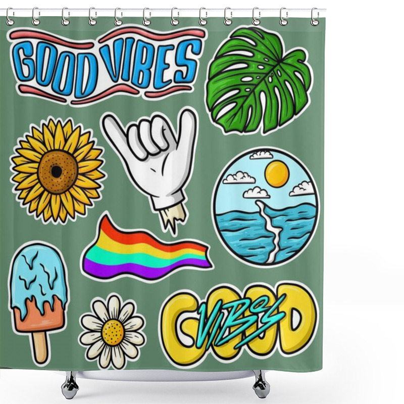 Personality  Sticker Set Hand Drawn Good Vibes Cartoon Illustration Shower Curtains