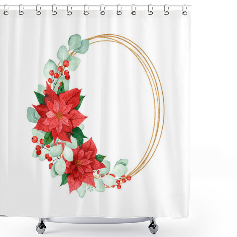 Personality  Watercolor Christmas Frame Made Of Poinsettia And Eucalyptus With A Gold Geometric Element Isolated On A White Background. For Christmas Design, Greeting Cards, Invitations. Hand Drawing. Shower Curtains