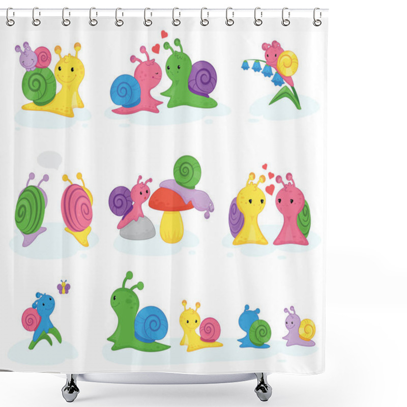 Personality  Snail Vector Snail-shaped Character With Shell And Cartoon Snailfish Or Snail-like Mollusk Kids Illustration Set Of Lovely Couple Of Snail-paced Slugs Isolated On White Background Shower Curtains