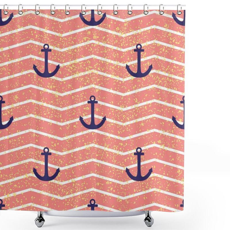 Personality  Tile Sailor Vector Pattern With Pink And White Stripes, Golden Dust And Blue Anchor For Seamless Decoration Wallpaper Background Shower Curtains