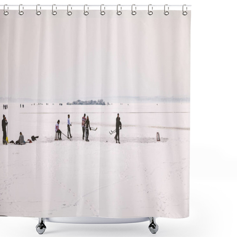 Personality  Ice Hockey On Frozen Lake Shower Curtains