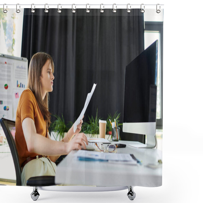 Personality  The Young Non Binary Person Analyzes Documents While Seated At A Desk In An Office. Shower Curtains