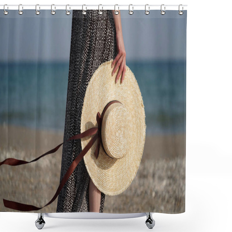 Personality  Close-up Of Young Woman's Legs And Straw Hat In Her Hand On Background Of Sandy Beach,sea,ocean,copy Space.Vacation,holiday,summer Vacation Concept.Sea Resort,travel. Seascape.Beautiful Travel Banner Shower Curtains