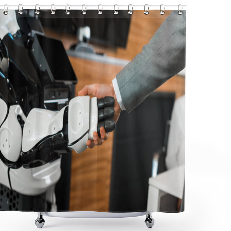 Personality  Partial View Of Businessman Shaking Hands With Humanoid Robot In Office Shower Curtains