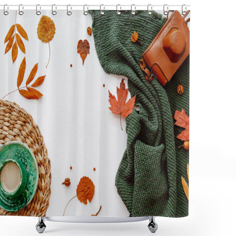 Personality  Flat Lay With Coffee Cup And Old Retro Camera With Autumn Fall Leaves On White Background Shower Curtains