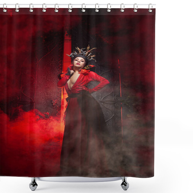 Personality  Beautiful Fashion Witch Woman With Horns In The Form Of Tree Roots In A Long Luxurious Dress On The Background Of A Huge Gate With Red Smoke. Halloween Concept Shower Curtains