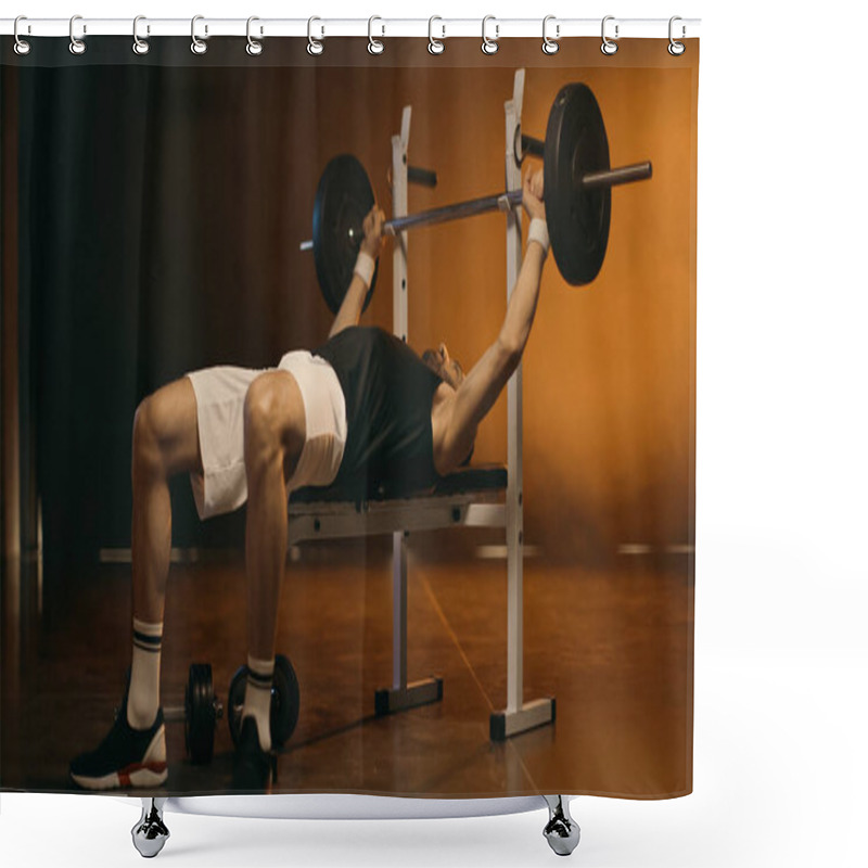 Personality  Sportsman Working Out With Barbell On Flat Bench On Dark Background Shower Curtains