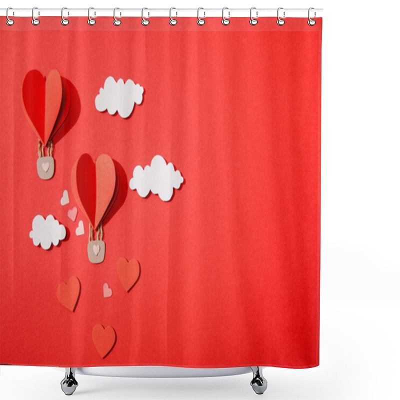 Personality  Top View Of Paper Heart Shaped Air Balloons In Clouds On Red Background Shower Curtains