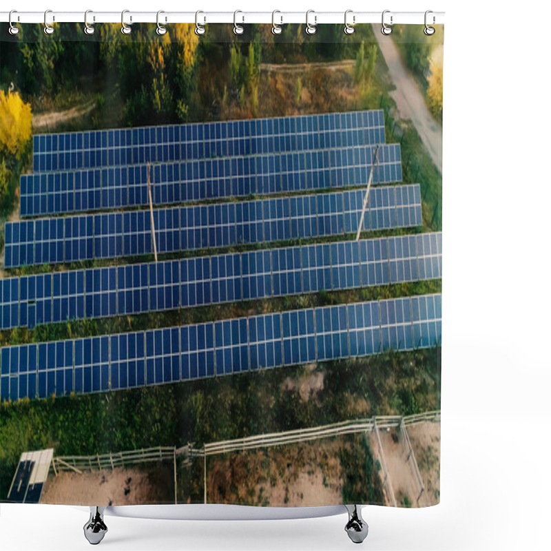 Personality  Aerial View Of Solar Panels System Near Trees  Shower Curtains