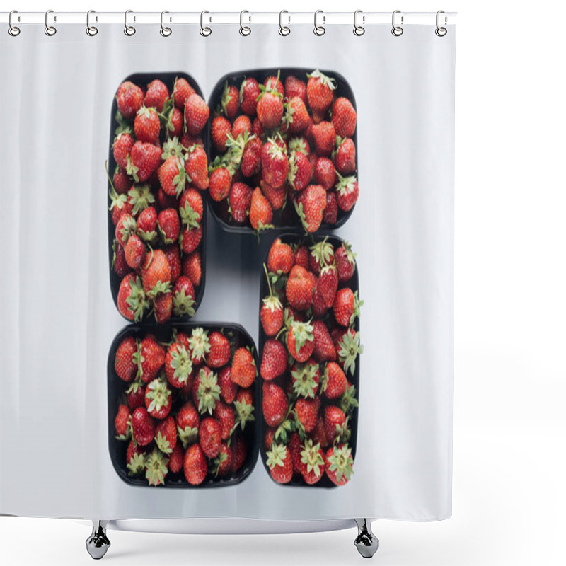 Personality  Top View Of Composition Of Plastic Containers With Ripe Strawberries On White Surface Shower Curtains