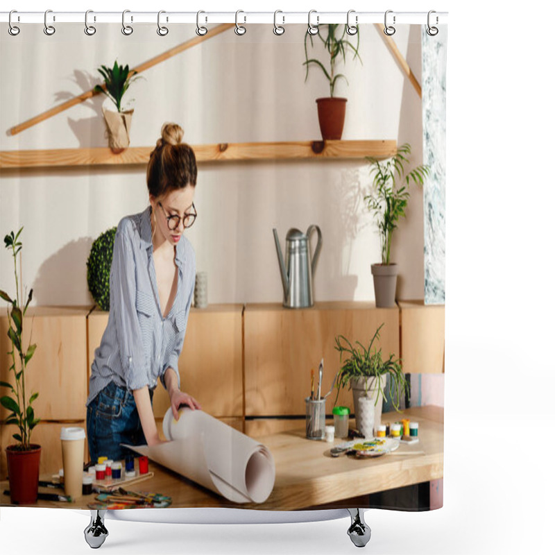 Personality  Attractive Stylish Woman In Eyeglasses Rolling Canvas On Table With Painting Supplies  Shower Curtains