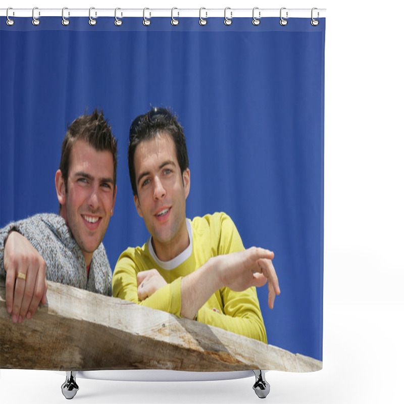 Personality  Two Male Friends Stood On Balcony Shower Curtains