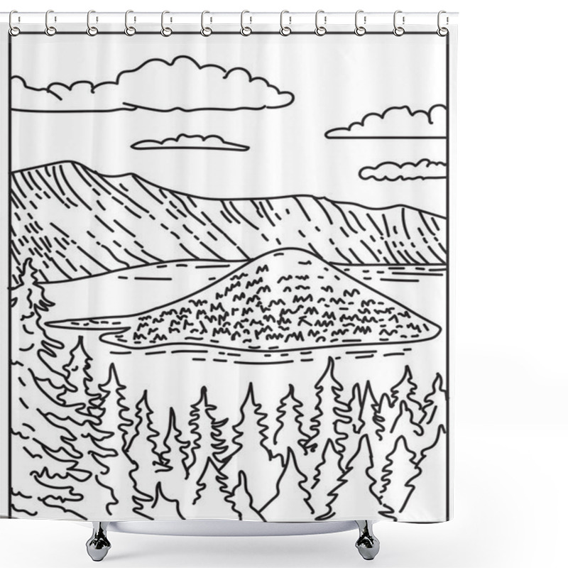 Personality  Mono Line Illustration Of Crater Lake In Within Crater Lake National Park Located In South-central Oregon, United States Of America Done In Retro Black And White Monoline Line Art Style. Shower Curtains