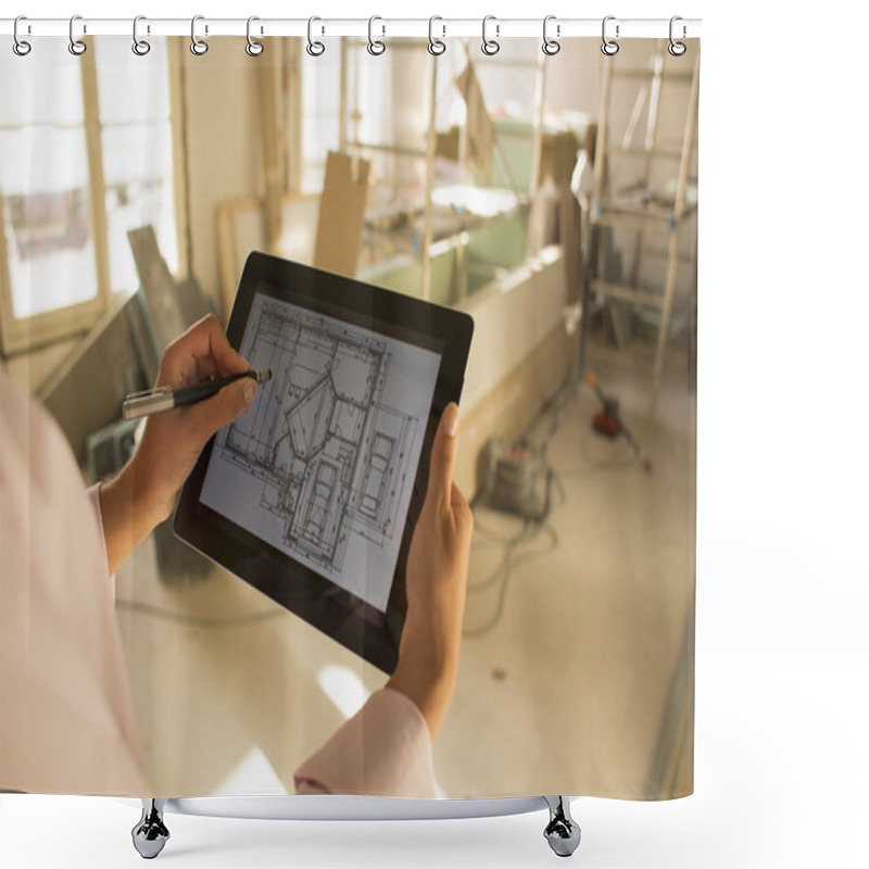 Personality  Architect Woman Working With Electronic Tablet Shower Curtains