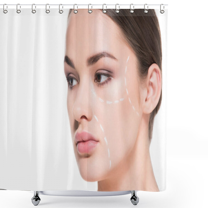 Personality  Beautiful Young Woman With Dotted Line Drawn On Face For Plastic Surgery Isolated On White Shower Curtains