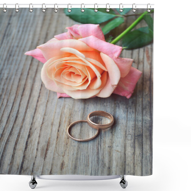 Personality  Two Engagement Golden Rings With A Beautiful Wedding Pink Rose Shower Curtains