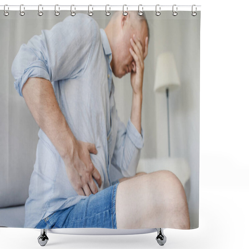 Personality  Terrible Stomachache. Frustrated Handsome Young Man Hugging His Belly And Keeping Eyes Closed. Disturbed Male Having Pain In Stomach Shower Curtains